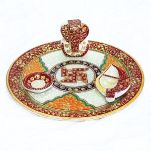 Marble Traditional Hand Painted Pooja Plate Set for Home