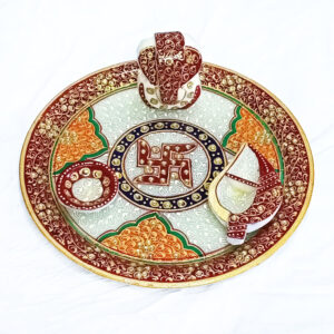 Marble Traditional Hand Painted Pooja Plate Set for Home