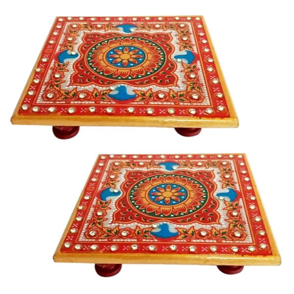 HANDICRAFT KINGDOM Very Small Chowki for Home & Office Décor | Intricate Floral Painted Marble Bajot for Indian Religious Pooja | Choki | Approx Size (4x4 Inch) & Wt (340 Gm) Pack of 2