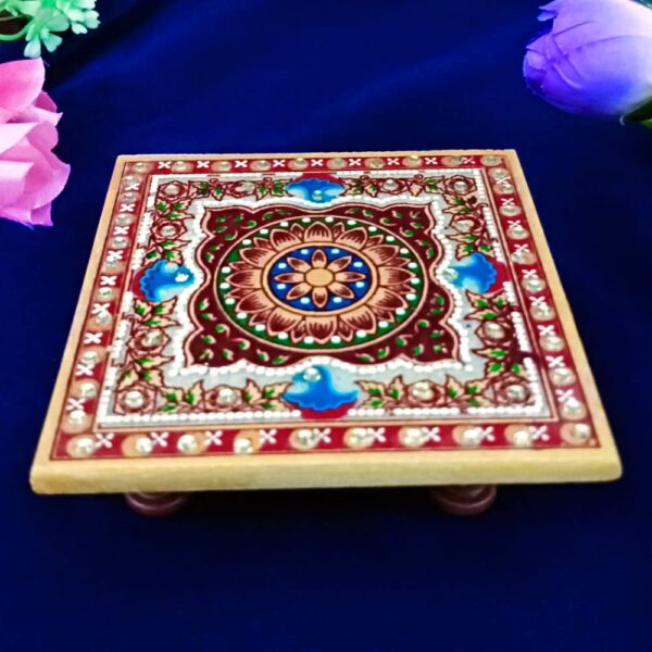 HANDICRAFT KINGDOM Very Small Chowki for Home & Office Décor | Intricate Floral Painted Marble Bajot for Indian Religious Pooja | Choki | Approx Size (4x4 Inch) & Wt (340 Gm) Pack of 2 - Image 2