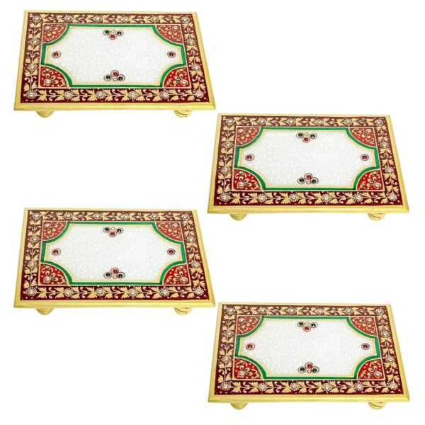 Handicraft Kingdom Chowki for Puja Idols & Laddu Gopal | Premium Marble Rectangle Hand Painted Art Design Hindu Relligious Chaurang| Meena Work God Bajot | Approx Size 4x6 in & Wt 1040 Gm Pack of 4